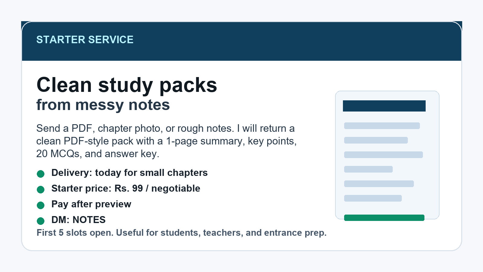 Study pack service sample card